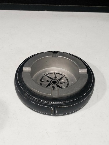Black Leather Metal Compass NSEW Cigarette Smokers Round 6" Ashtray