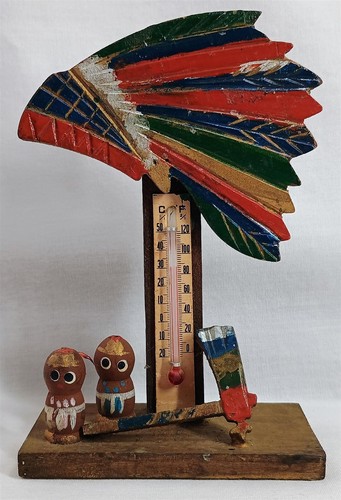 Vintage Wooden Indian Thermometer Tomahawk Headdress Figurine Not Working