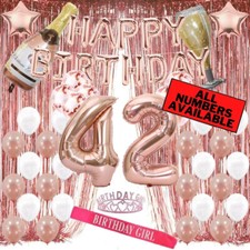 42nd Birthday Rose Gold Decorations - 40" Number Balloons, Foil Curtains  More