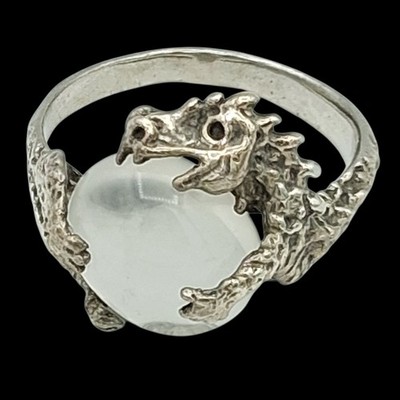 Sterling Silver Dragon Orb Ring Sz 7 Cat Eye Glass Fantasy Gothic