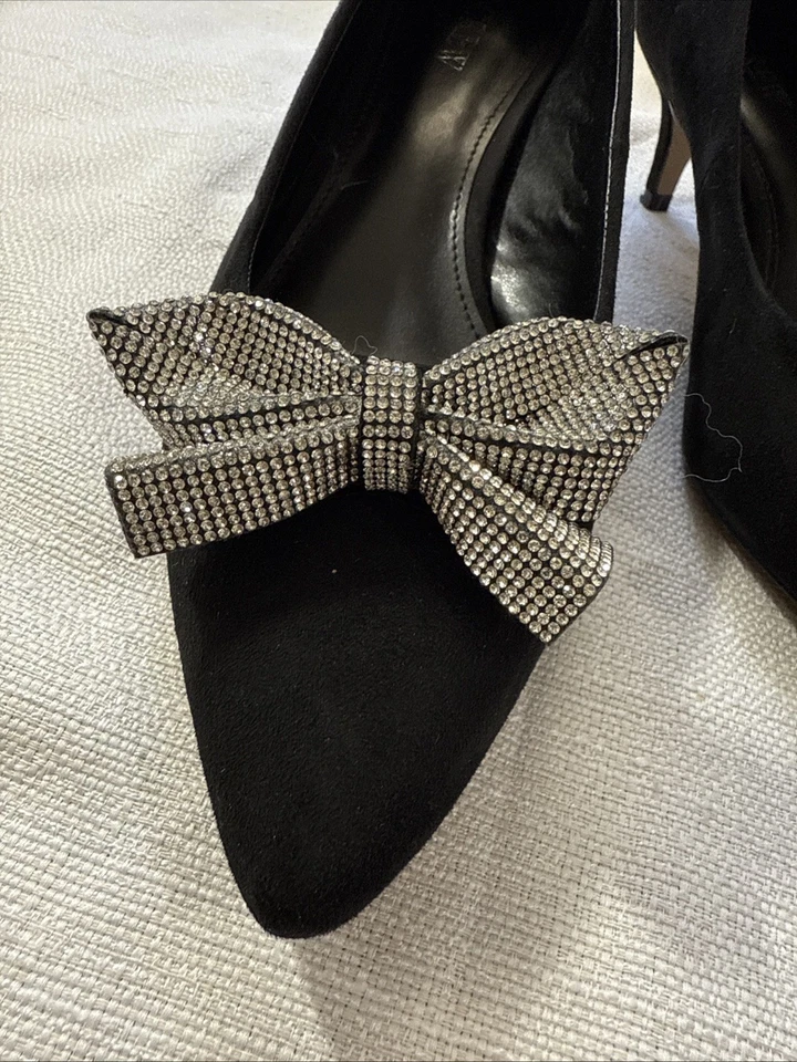 J.Crew 黑色小猫高跟鞋水钻蝴蝶结尖头正装鞋 9 码闪亮 — 第 3/4 张图片