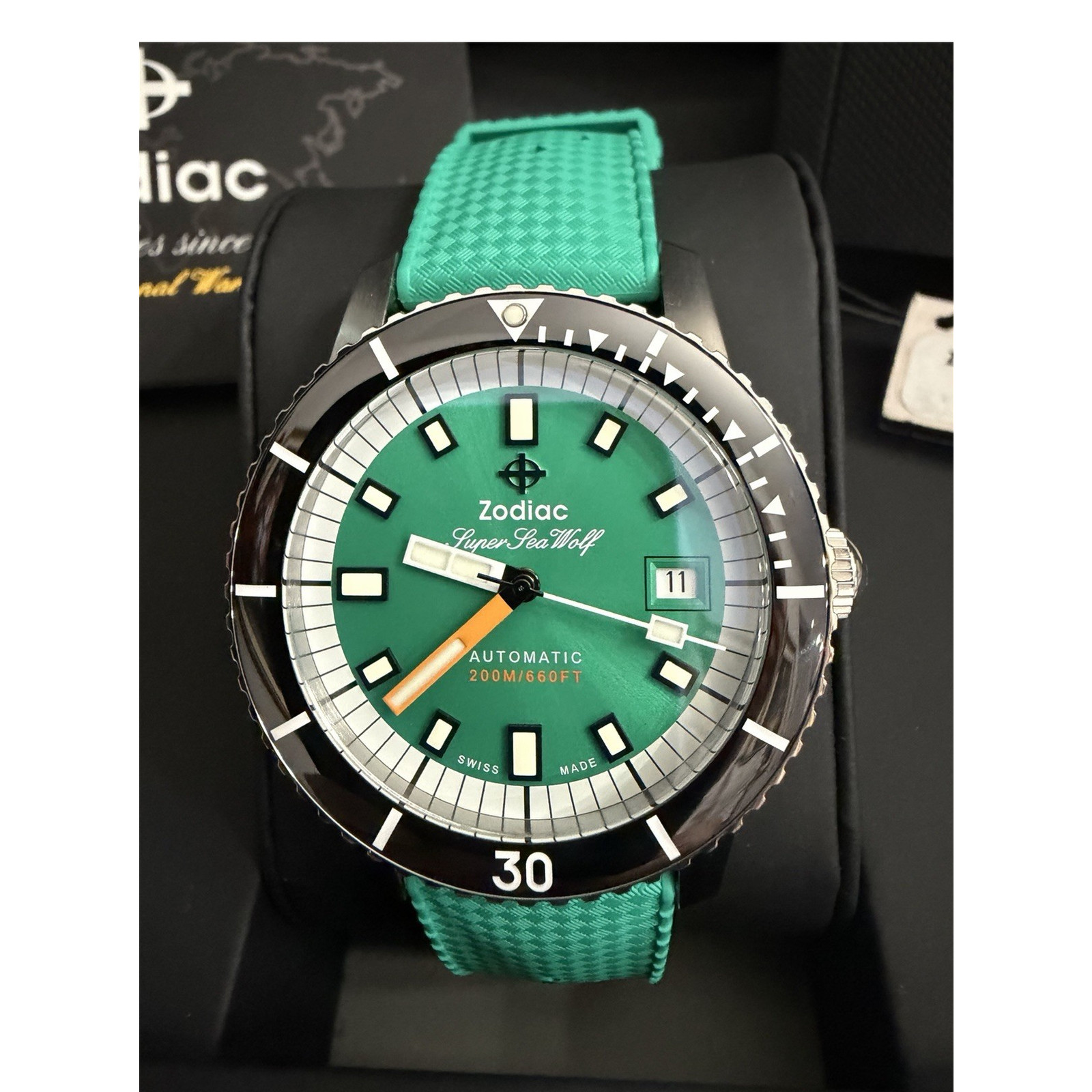 Zodiac Super Sea Wolf Automatic Diver Watch Green Dial 200M Rubber Strap Box