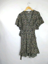 Max Studio Black Floral Ruffle Wrap Dress Medium
