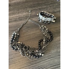 Chunky Dark Metal, Chain, and Rhinestone Necklace and Bracelet Bundle