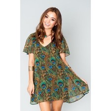 Show Me Your Mumu Kylie Mini Dress Peacock Feather Print Whimsigoth V-Neck M