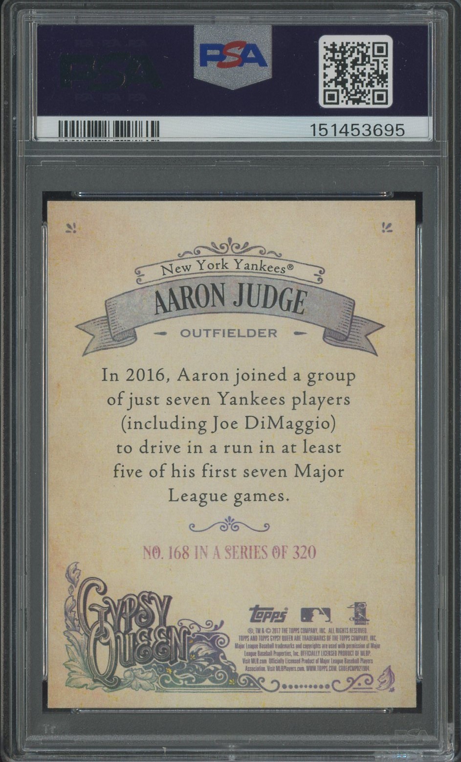 2017 Topps Gypsy Queen w/ Cap #168 Aaron Judge Yankees RC Rookie PSA 9 MINT view 2