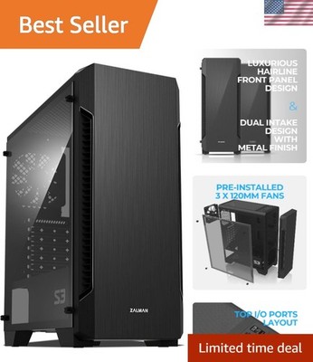Elegant S3 Mid-Tower PC Case - Acrylic Side, Pre-Installed Cooling Fans, Black
