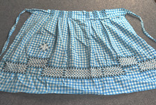Vintage Half Apron Blue Check Tie Back Hand Embroidered Retro Tradwife Kitchen