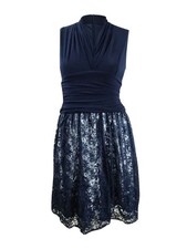 SL Fashions Women's Lace Fit & Flare Dress (10, Navy/Silver) 794795111217