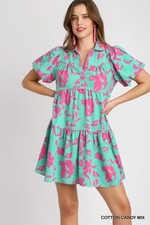 Umgee Two Tone Floral Print Tiered A-Line Dress Bubble Sleeves Contrast Piping