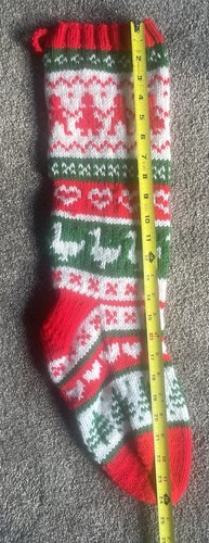 HAND KNITTED CHRISTMAS STOCKING TREES GEESE HEARTS CHILDREN RED WHITE GREEN 24” - Picture 4 of 5