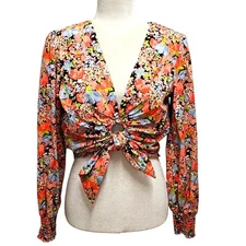SO Womens Floral Puffed Sleeve w/Smocked Wrist Low V-Neck Cropped Tie Top Size M