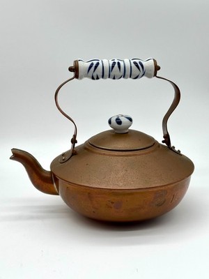 Vintage Copper Tea Kettle with Delft Blue & White Porcelain Handles Douro Taiwan