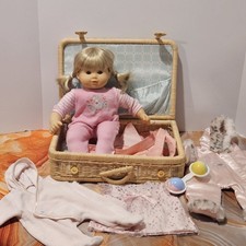 American Girl Bitty Twins Doll Lot Vintage Wicker Suitcase Clothes Outfits