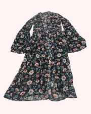 Forever 21 Floral Chiffon Midi Dress Bell Sleeve Button A-Line S Black Boho