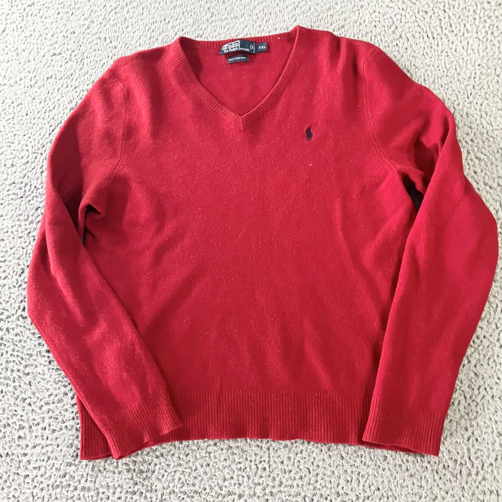 Polo Ralph Lauren Sweater Mens XXL Red 100% Lambswool V Neck Pullover