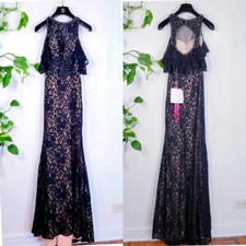 Maxi Long Dress Women 0 XS Black Nude Cold Shoulder Gown Rhinestone MORI LEE New