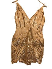 Parisian size 10 Delicate, Striking Gold MinI Dress V-neck Strappy. Dazzling