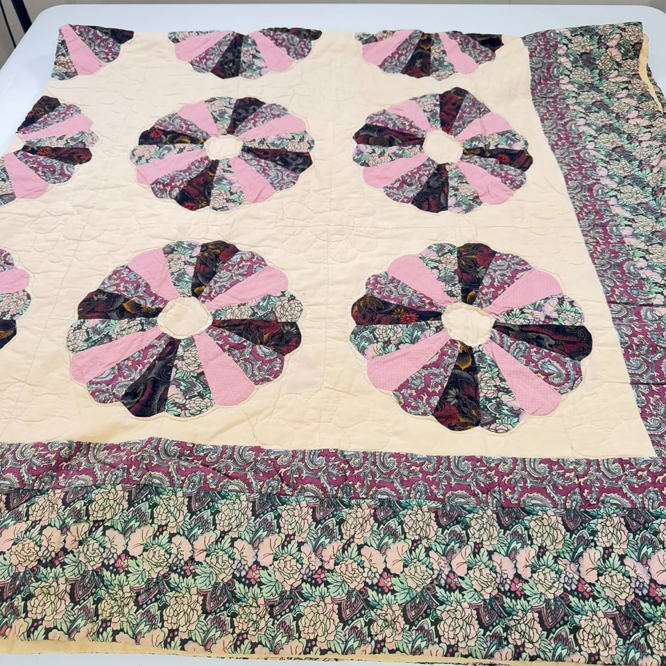 Edredón Queen Dresdan púrpura verde floral patchwork algodón rústico primitivo Foto 3 de 4