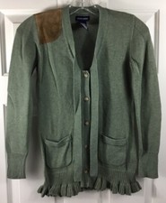 Ralph Lauren Girls L Green Cardigan Sweater Shoulder Patch Tie Neck Ruffle Hem