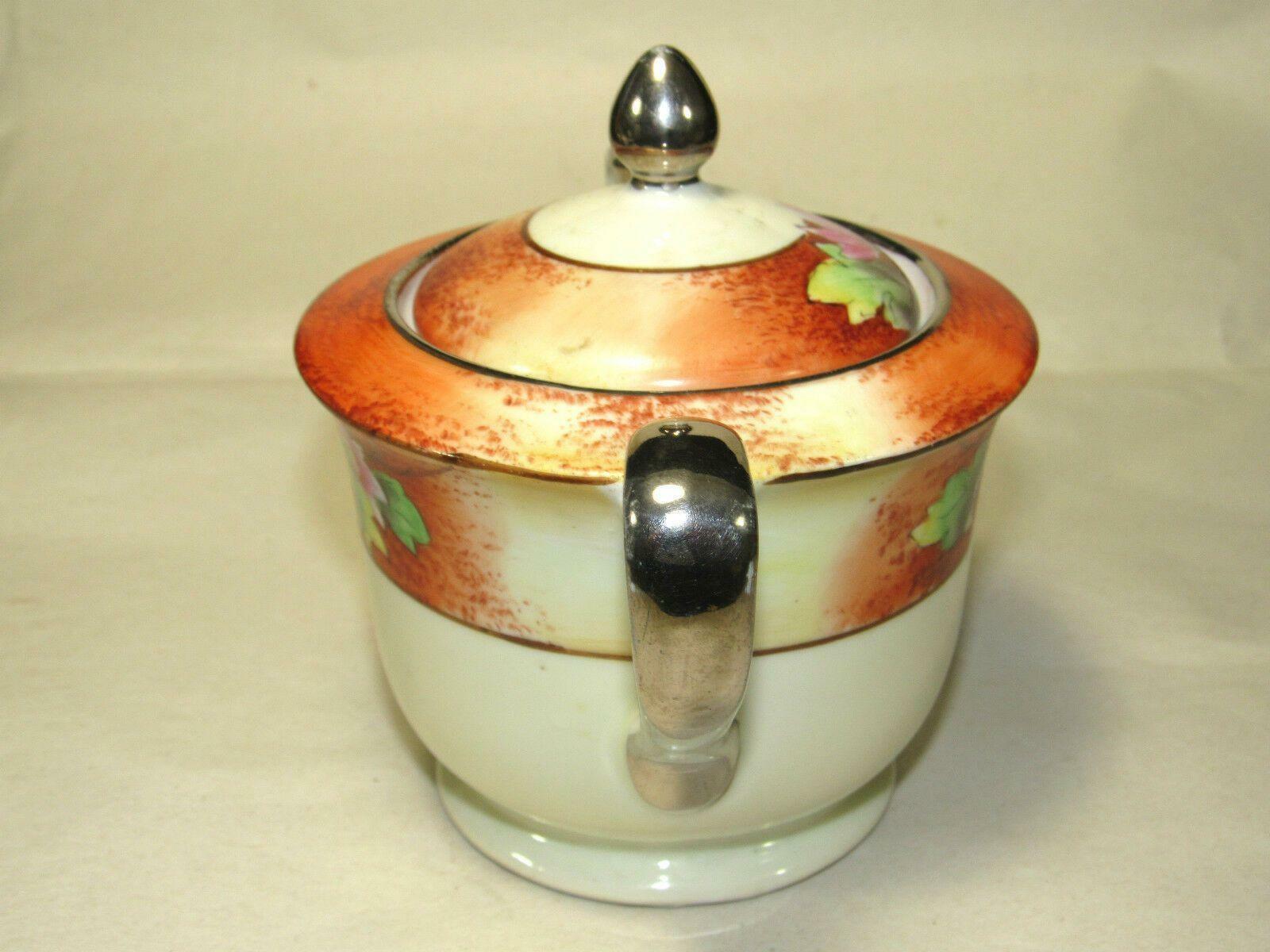 Hand Painted Noritake “M”China Flowers Lidded Sugar Bowl,Silver Handle
