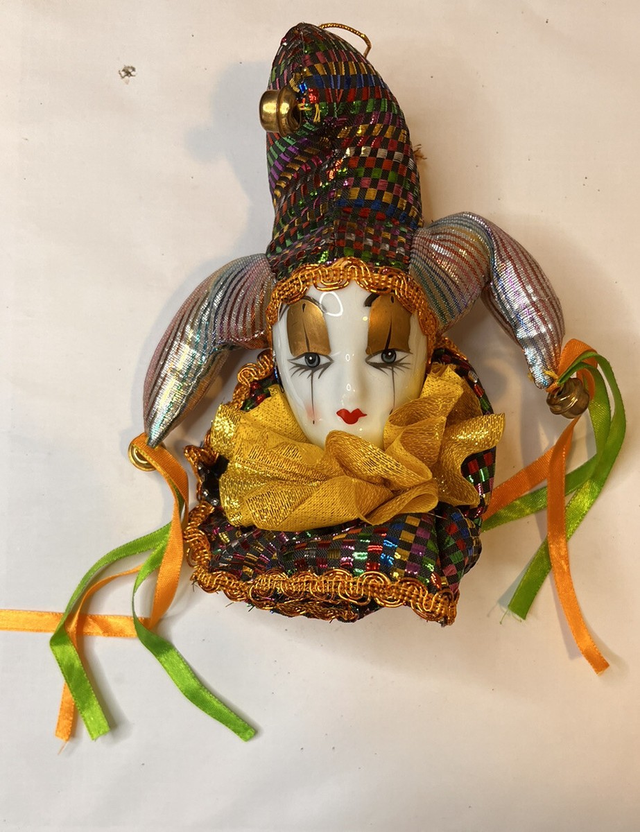 Mardi Gras Jester Harlequin Purple Gold Green Porcelain Hanging