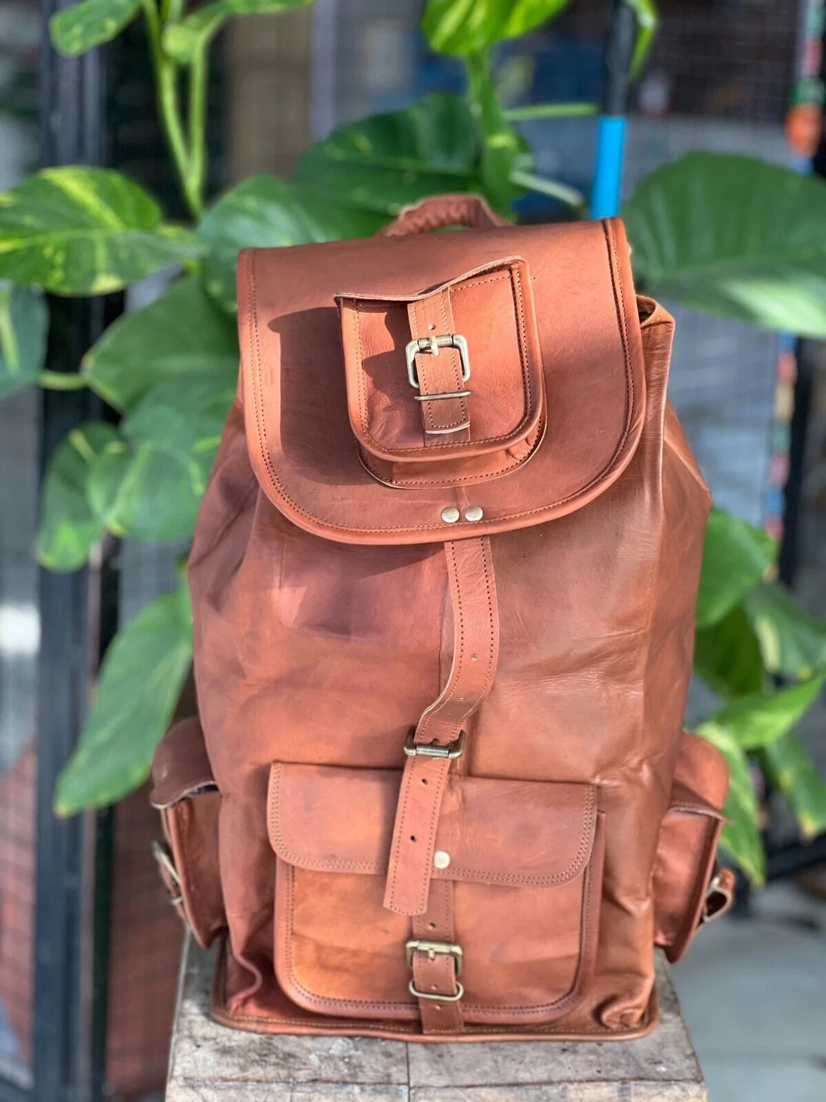 Genuine Goat Men's Large Gym Backpack Travel Rucksack Leather Vintage Laptop Bag