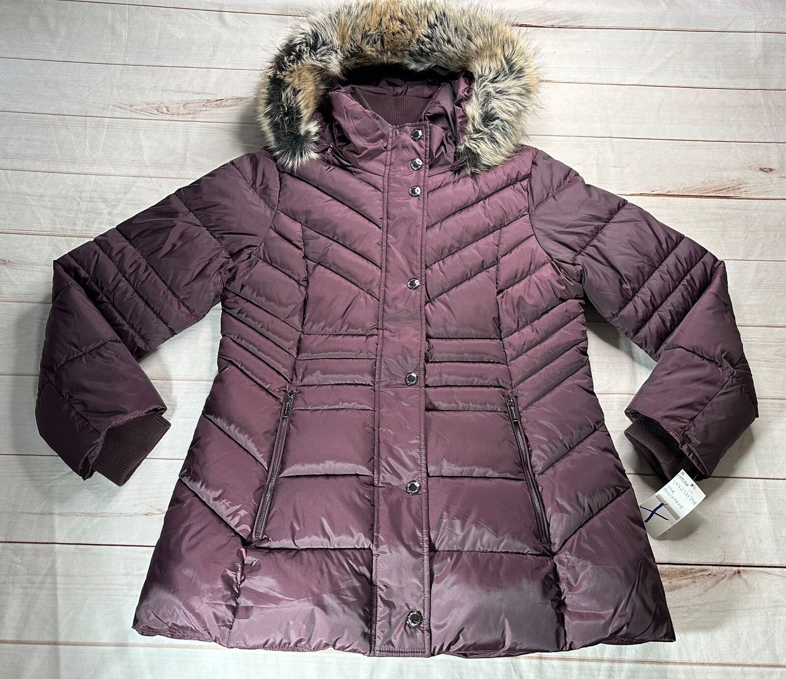 London Fog Women’s Burgundy Hooded Faux-Fur Trim Puffer Coat