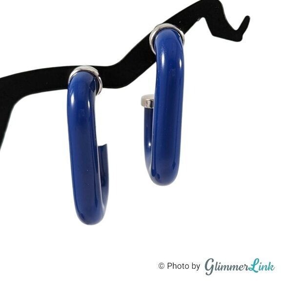 Geometric Blue Rectangular Open Hoop Silver Tone … - image 2