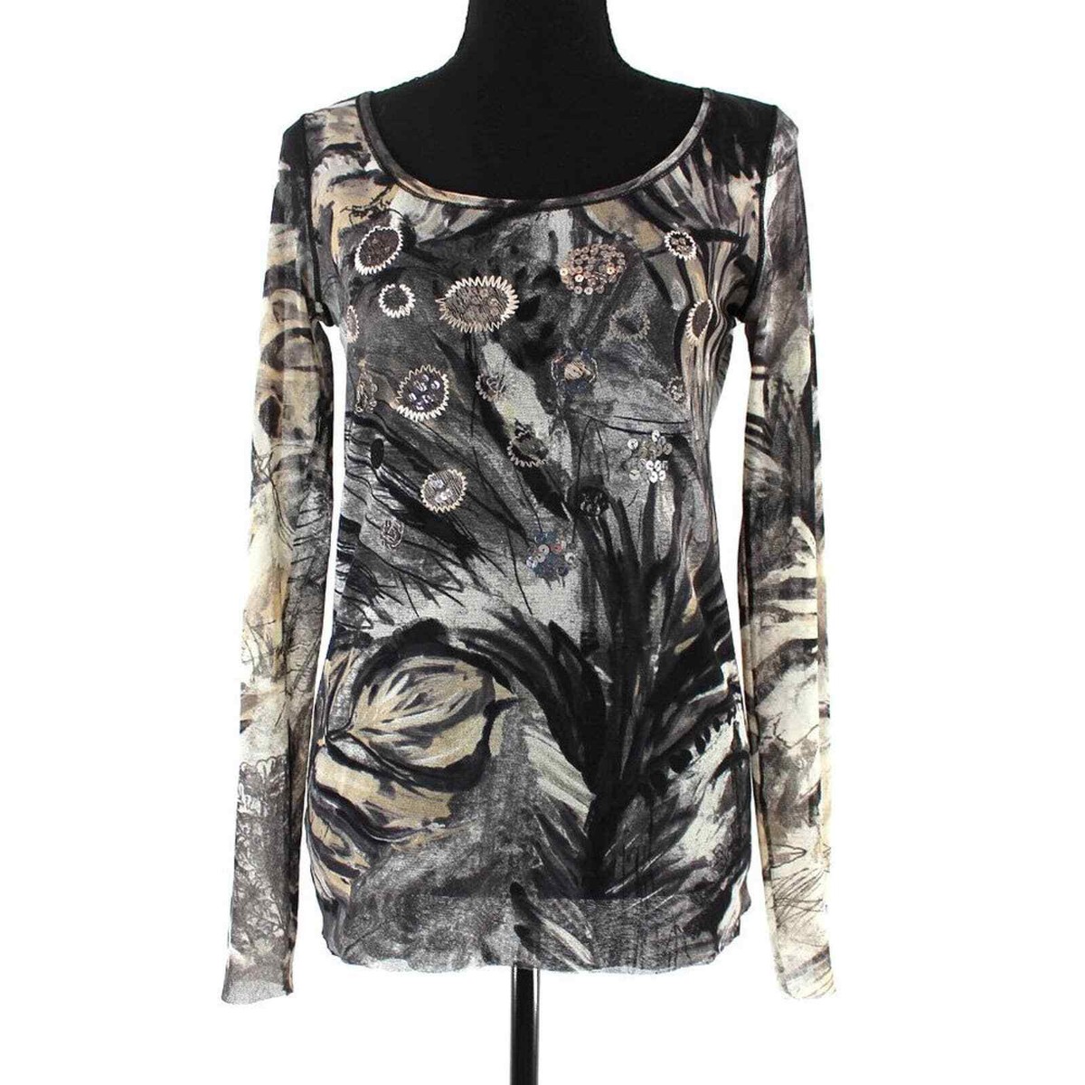 Fuzzi JPG Embroidered Sequin Front Design Scoop Neckline Top M