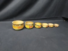 Set of 6 Old Nesting Bowls Wooden Turned Hand Carved Painted Folk Art
