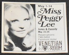 Anuncio impreso 1974 Texas Dallas Venetian Room Miss Peggy Lee Fairmont Hotel Art