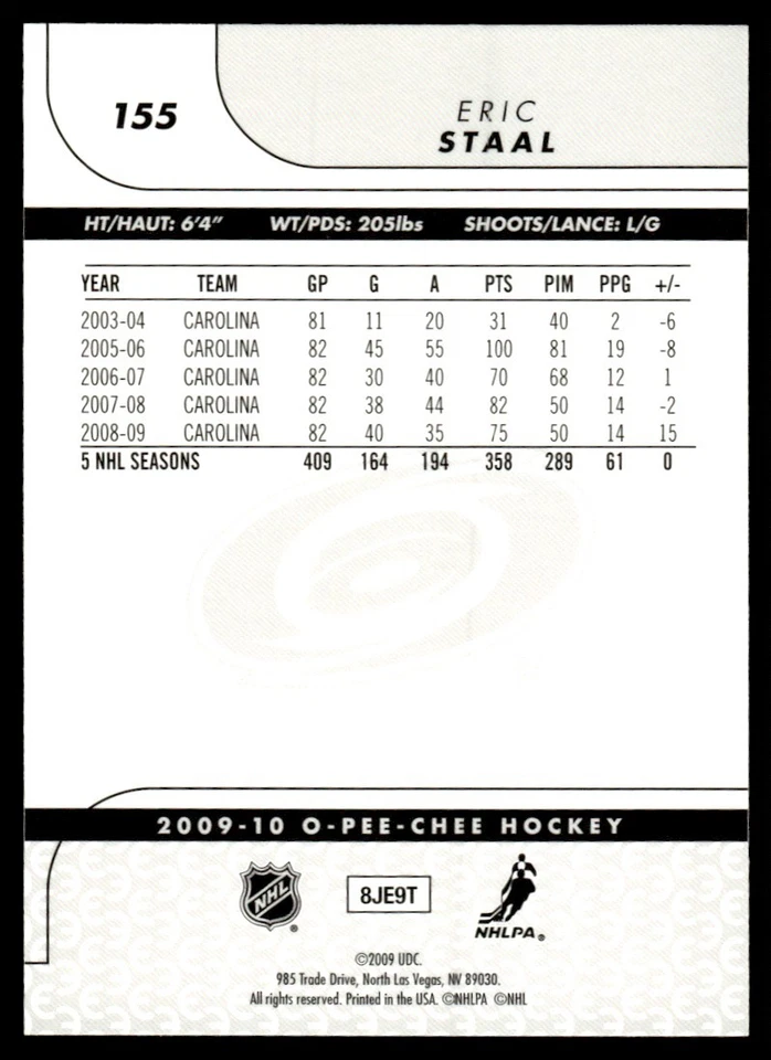 2009-10 O-Pee-Chee Rainbow Eric Staal Carolina Hurricanes #155 - Image 2 of 2