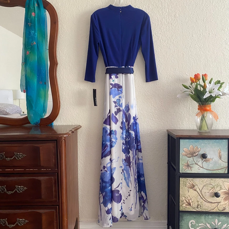 Nuevo Maxi Vestido Chetta B 6/8 Acuarela Floral Azul Marino Invierno Blanco Vestido Nuevo con Etiquetas Foto 4 de 4