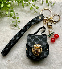 New Black Faux Leather Mini Bag Purse Charm Keychain w/ Wrist Strap  Cherry
