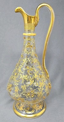 Bohemian Glass Wine Ewer Raised Gold Flowers C. 1890 10 3/4''