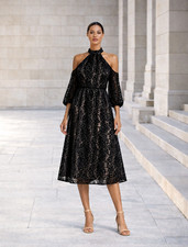 Alice + Olivia Ruthann Black Burnout Velvet Halter Long Sleeve Midi Dress 6