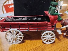 Vtg Highlander House Melrose Mass Cast Iron Red Wagon 2 Drivers, 1 Dog, 8 horses