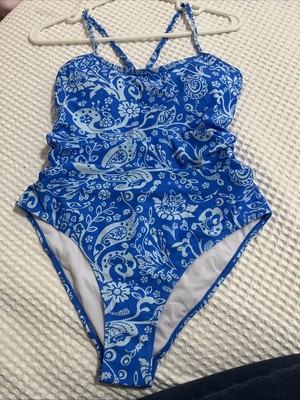 A image One Piece Swimsuit Blue Paisley Print Cut Out Back Medium