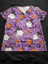 Unbranded Women  s Halloween Scrub Top Cats Ghosts Pumpkins Webs Purple Size L