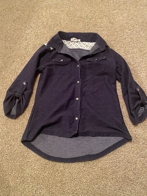 One Step Up Girls Button-Up Collared Shirt Navy Blue Lace Accent Size 8 (7/8)