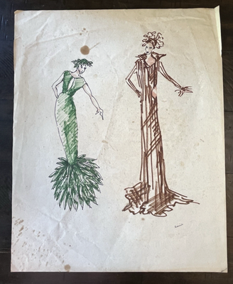 Vintage Early Hand Colored Women's Fashion Clothes Drawing Sketch Mermaid  Dress | eBay