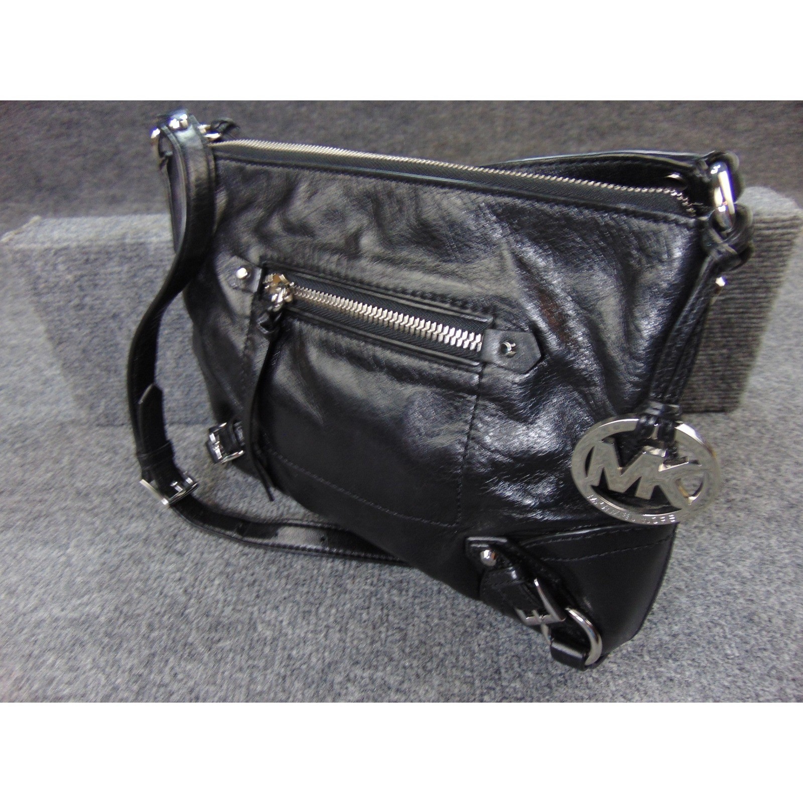 Michael Kors Crossbody Bag Black Leather Silver Hardware Moto Buckle Charm