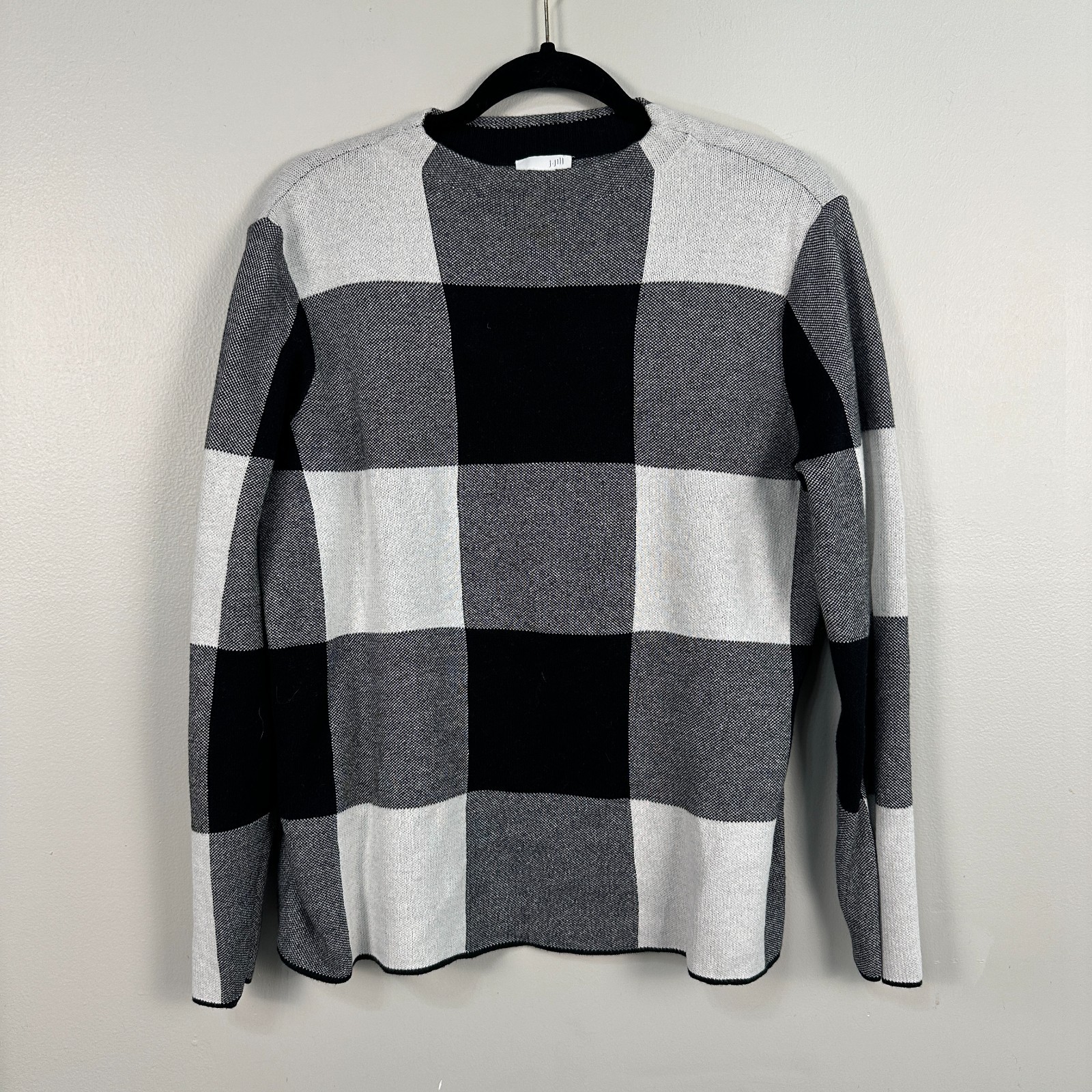 J. Jill Womens Black White Buffalo Check Mock Neck Sweater Medium Pullover