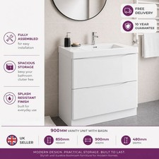 Image of 900mm White Gloss Vanity Unit & Basin Floor Stand Bathroom Storage Cabinet