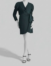 DKNY Womens Green Faux-Wrap Puff-Sleeve Fit-Flare V-Neck Dress Size 8