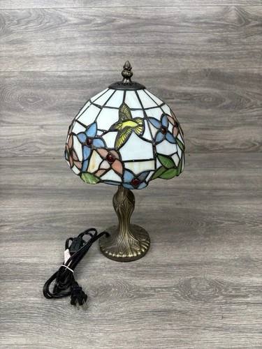 Vintage Tiffany Style Hummingbird & Flowers Stained Glass Small Table Lamp 15”