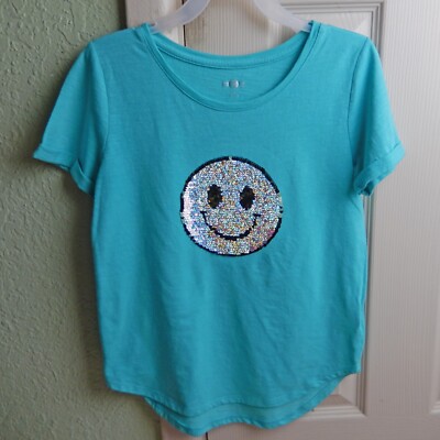 SO Girls Size 10 Happy Face Flip Sequins Kohl's T Shirt Aqua
