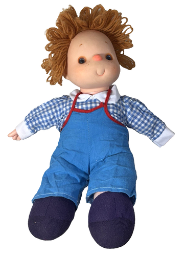 Vtg 80s Boy Ice Cream Doll 12" Brown Hair Black Eyes Checked Shirt Blue Overalls - Picture 4 of 7