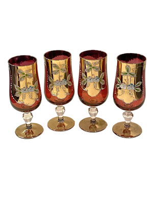 Bohemian Cranberry Red Flash Hand Painted Water Wine Goblets Set Of 4